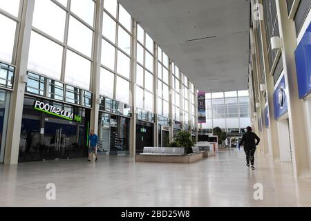 Central Milton Keynes Buildings Snow Dome Outdoor Market  Blossom Reflections on glass centre  Signage Corona Virus Covid 19 Grid system Stock Photo