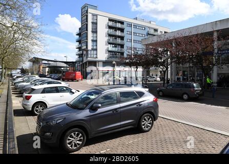 Central Milton Keynes Buildings Snow Dome Outdoor Market  Blossom Reflections on glass centre  Signage Corona Virus Covid 19 Grid system Stock Photo