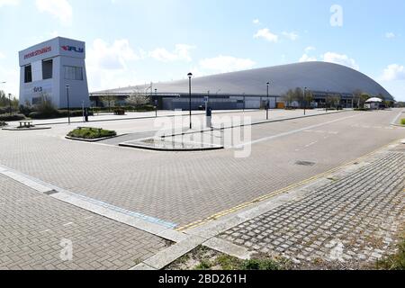 Central Milton Keynes Buildings Snow Dome Outdoor Market  Blossom Reflections on glass centre  Signage Corona Virus Covid 19 Grid system Stock Photo