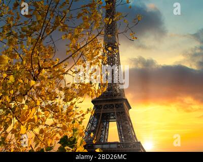 Eiffel tower at sunset in Paris, France Stock Photo