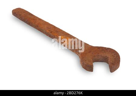 Studio shot of an old rusty spanner cut out against a white background Stock Photo