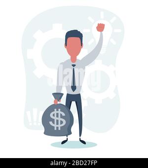 Rich businessman character hold bags full of money. Stock Vector