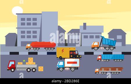 many trucks are ready to transport material in warehouse Stock Vector