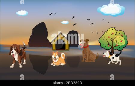 many dogs are on river side in evening Stock Vector