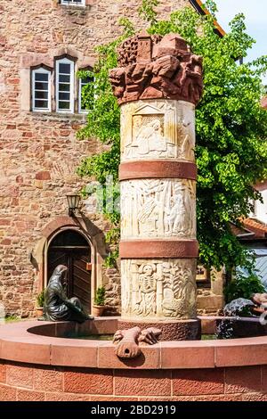 Fairytale Fountain and Town Hall in Steinau an der Strasse, birthplace of the Brothers Grimm, Germany Stock Photo