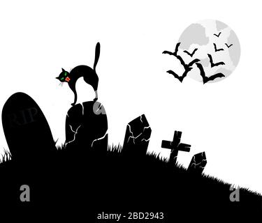 Happy Halloween Greeting Card. Elegant Design With Cemetery, Cat on Grave, Moon on Starry Sky and Silhouettes of Flying Bats.  Vector illustration. Stock Vector