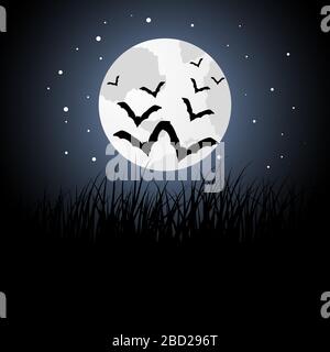 Happy Halloween Greeting Card. Elegant Design With Moon on Starry Sky and Silhouettes of Flying Bats.  Vector illustration. Stock Vector