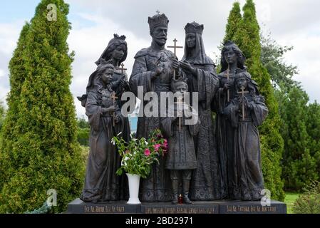 DIVEEVO, RUSSIA - AUGUST 25, 2019: Monument to family of last Russian Emperor Nicholas II Romanov in Holy Trinity-Saint Seraphim-Diveyevo Monastery in Stock Photo