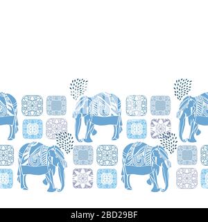 Vector vintage ethnic folk art splashing elephant border on white background. African tribal ornament. Line art, cutout animal pattern. Surface pattern design. Stock Vector