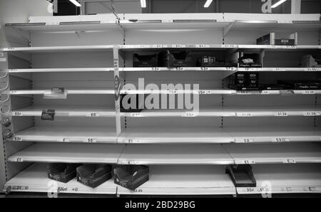 Empty supermarket shelves following panic buying seen during the Covid 19 outbreak Stock Photo