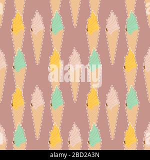 seamless ice cream cone pattern on dark pink background. Vector image Stock Vector