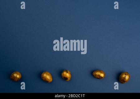 Small golden quail easter eggs in a row on blue background copy space for text Stock Photo