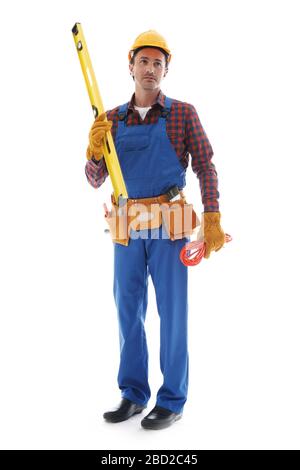 Worker in uniform and helmet with tools isolated on white background Stock Photo