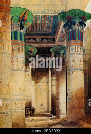 The Hypostyle Hall in the Temple of Isis at Philae,  on a small island in the Nile south of Aswan, Egypt. The temple is relatively new by Egyptian standards, begun under one of the last of the native pharoahs, Nectanebo I (c380-62 BC) but mostly dating to the Ptolemaic period. Painting by David Roberts (1796-1864) Stock Photo