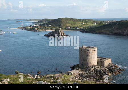 Island of Bryher viewed from Cromwell's Castle on Tresco, Isles of Scilly Stock Photo