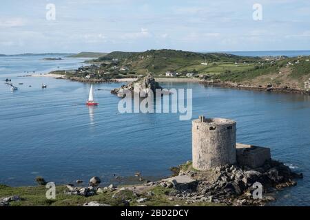 Island of Bryher viewed from Cromwell's Castle on Tresco, Isles of Scilly Stock Photo