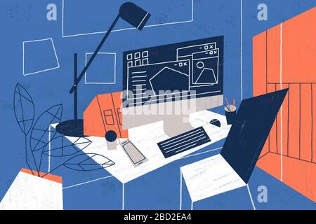 Home office indoor workplace. Concept illustration shows a desk with pc and work equipment for telecommuting and freelance activities. Stock Photo