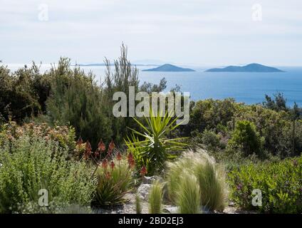 View across the gardens of Infinity 180 Luxury Suites on Alonissos, in Greece's North Sporades, looking out at the Two Brothers islands Stock Photo