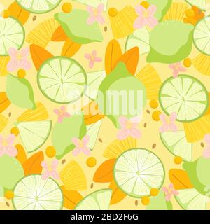 Tropical yellow  citrus seamless pattern. Lime, pineapple,flowers, berries. Bright exotic texture. Helthy vegeterian food. Fresh and juice fruits Stock Vector