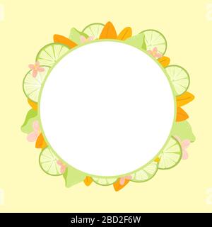 Tropical yellow  citrus round frame. Lime, pineapple,flowers, berries. Bright exotic circle border. Healthy vegetarian food. Fresh and juice fruits Stock Vector