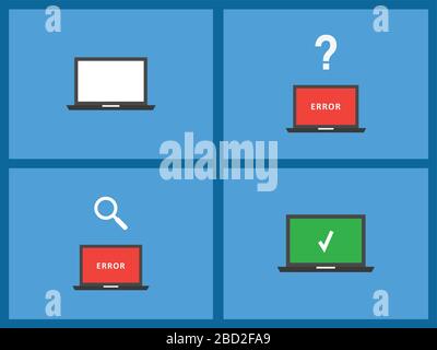 Vector concept of repair laptop, error and fix. Flat color. Stock Vector