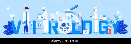 Virology concept vector. Microbiological technology, biotechnology science vector. Scientists study microorganisms in microscope for creation of Stock Vector