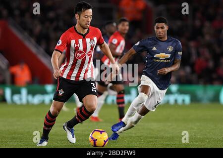 Maya Yoshida of Southampton and Marcus Rashford of Manchester United in action - Southampton v Manchester United, Premier League, St Mary's Stadium, Southampton - 1st December 2018  Editorial Use Only - DataCo restrictions apply Stock Photo