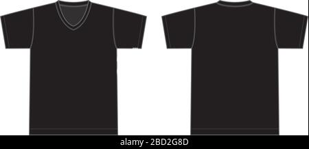 Black men's t-shirt template v-neck front and back side views. Vector ...