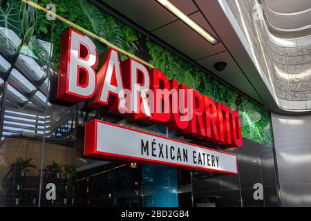 Liverpool / UK - March 22 2020: Bar Burrito Liverpool restaurant frontage sign, Mexican style fast food chain, Liverpool One shopping centre Stock Photo