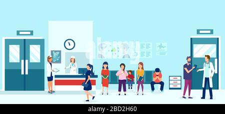 Vector of people sitting on chairs and waiting for doctor appointment in outpatient clinic. Stock Vector