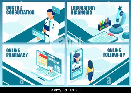 Vector medical concept templates for doctor consultation, lab testing, online pharmacy and patient follow up Stock Vector