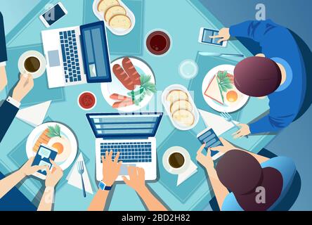 Vector of a group of people a family sitting at table using their smart phones, and mobile gadgets chatting and texting nessages obsessed with social Stock Vector