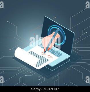 Isometric vector of a businessman signing documents via electronic signature software Stock Vector