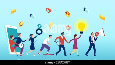 Vector of a group of customers walking out of smartphone, social media platform sending feedbacks to promoted product Stock Vector