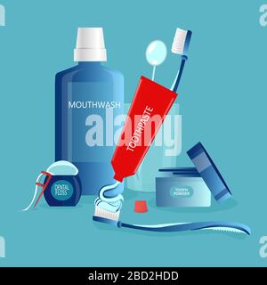 Vector of dental cleaning tools and oral care hygiene products. Stock Vector