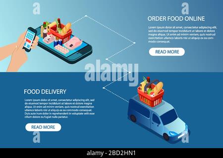 E-commerce concept. Vector of a man using mobile application to order food online on website. Stock Vector