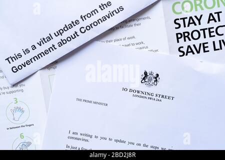 Official HM Government letter sent to all UK households as a vital update to the public about Coronavirus Covid-19 during the pandemic, April 2020 Stock Photo