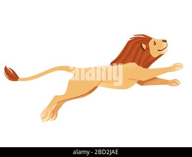 Proud powerful cute lion jumping character cartoon style animal design flat vector illustration isolated on white background Stock Vector