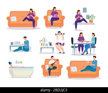 set scenes campaign stay at home with people Stock Vector