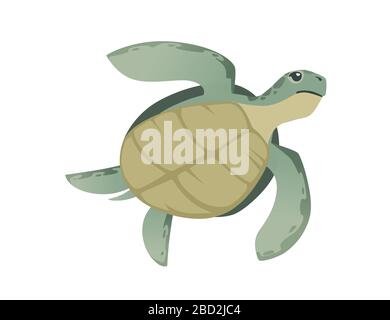 Big green sea turtle cartoon cute animal design ocean tortoise swimming in water flat vector illustration isolated on white background Stock Vector