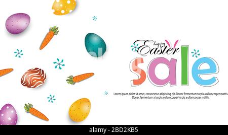 Easter poster and banner template with Fowler, carrots and Easter eggs in the nest Stock Vector
