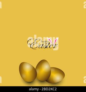 Easter poster and banner template with golden Easter eggs on yellow background. Stock Vector