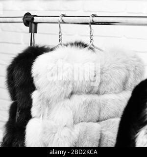 fashionable luxurious waist coats of fur hanging on rack on golden hangers on brick wall studio background,close up Stock Photo