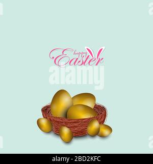 Easter poster and banner template with golden Easter eggs in the nest on on light blue background. Stock Vector