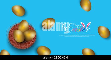 Easter poster and banner template with golden Easter eggs on blue background. Stock Vector