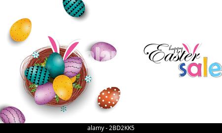 Easter Sale banner template with Colorful Painted Easter Eggs and nest.Easter eggs Stock Vector