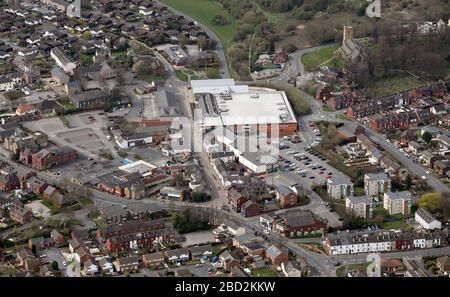 aerial view of Rothwell near Leeds, viewing west up Commercial Street towards Morrisons supermarket Stock Photo