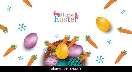 Easter poster and banner template with Fowler, carrots and Easter eggs in the nest Stock Vector
