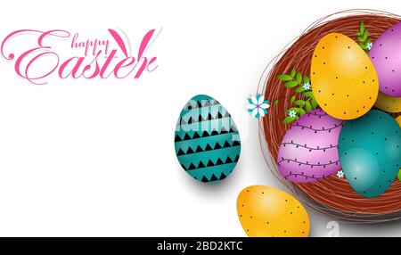 Easter poster and banner template with Easter eggs in the nest on white background Stock Vector
