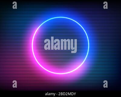 Neon retro circle with VHS effect. Glitch round frame on color backdrop. Futuristic glowing element. Pink and blue electric light for poster, banner Stock Vector